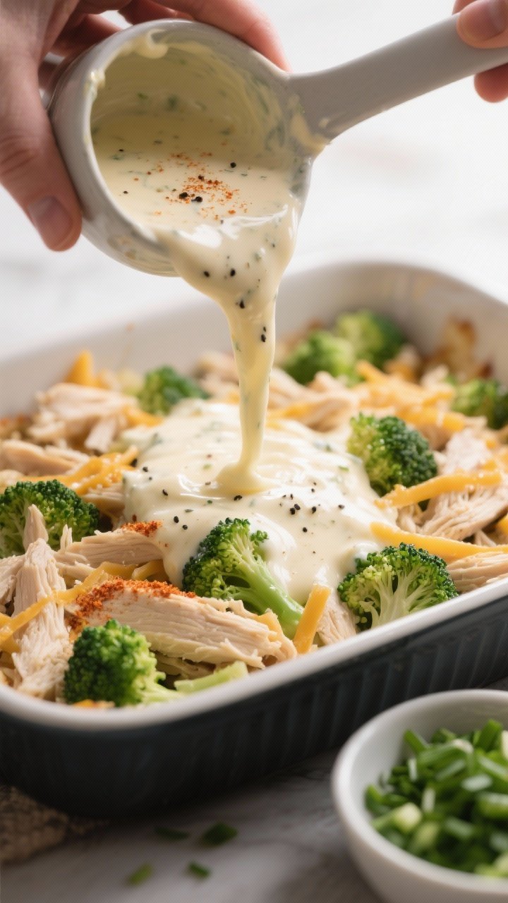 Close-up, three-quarter angle process shot of the creamy sauce being poured over shredded chicken an