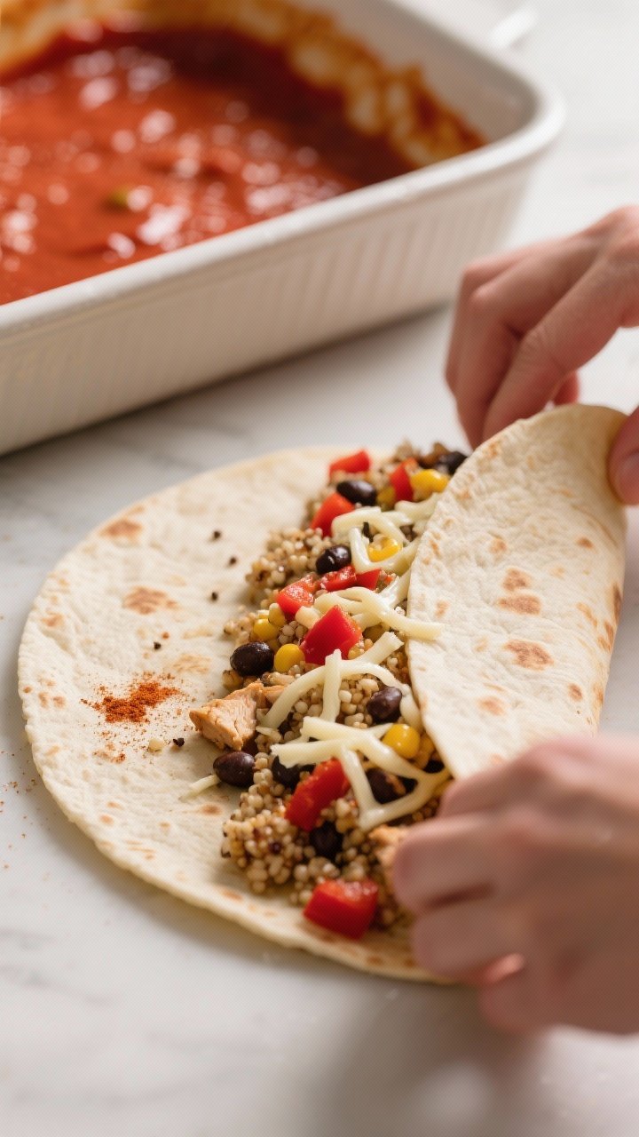 Close-up, three-quarter process shot of a warm tortilla on a clean surface being filled and rolled: 