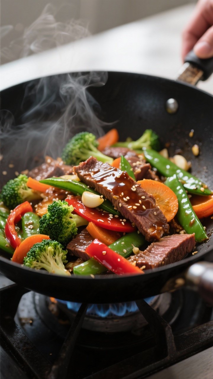 Cooking process, action close-up: High-heat stir-fry of thinly sliced seared flank steak tossed with