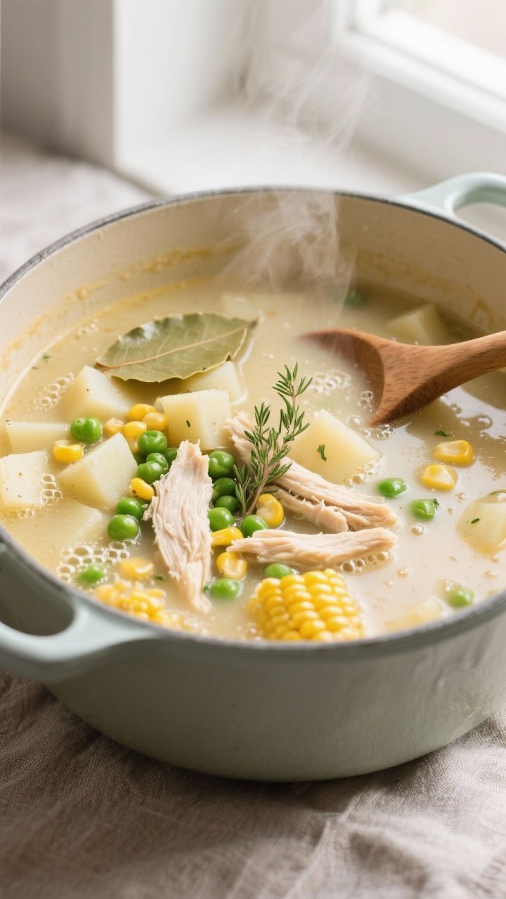 Cooking process close-up: A steaming pot of healthy chicken pot pie soup mid-simmer, overhead shot c
