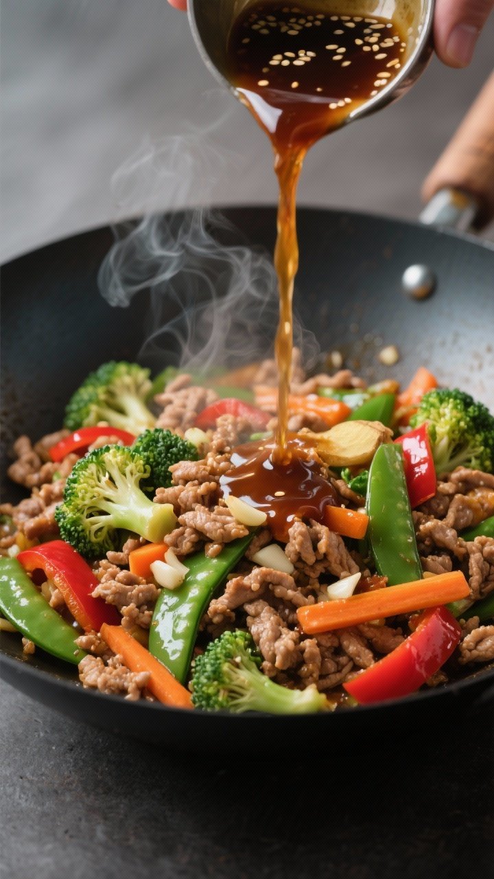 Cooking process, close-up action: Ground turkey stir-fry coming together in a sizzling wok, glossy s