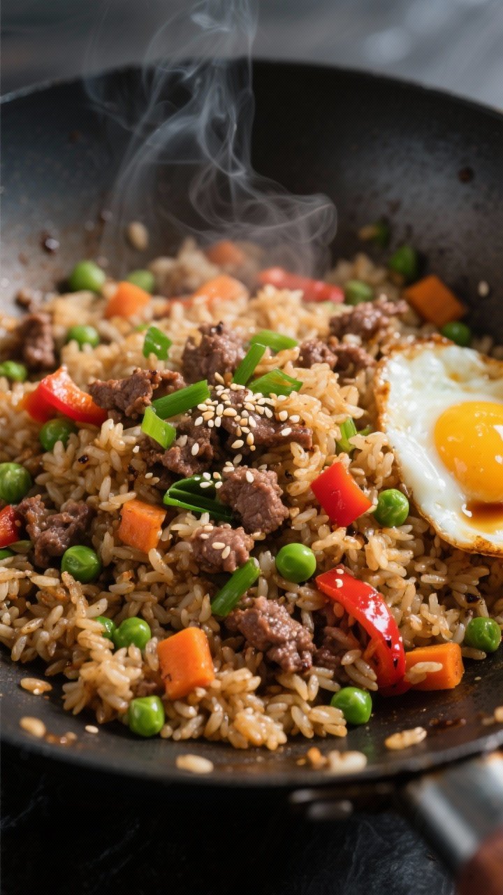 Cooking process, close-up action: Lean ground beef fried rice sizzling in a seasoned wok, close-up o