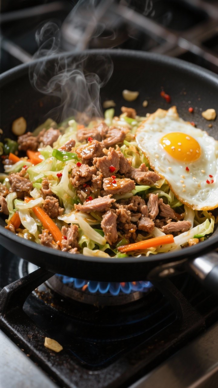 Cooking process, close-up action: Sizzling egg roll bowl in a large black skillet over medium-high h