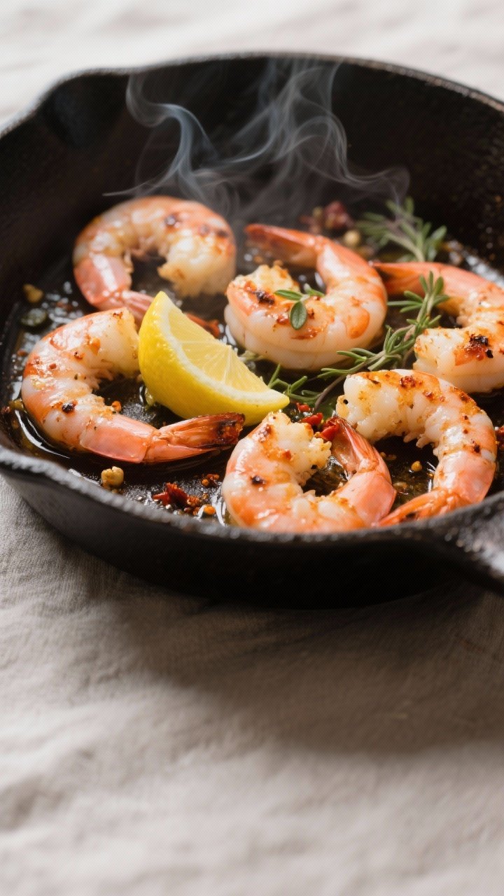 Cooking process close-up: Cajun-spiced shrimp sizzling in a preheated cast-iron skillet, cooked stag