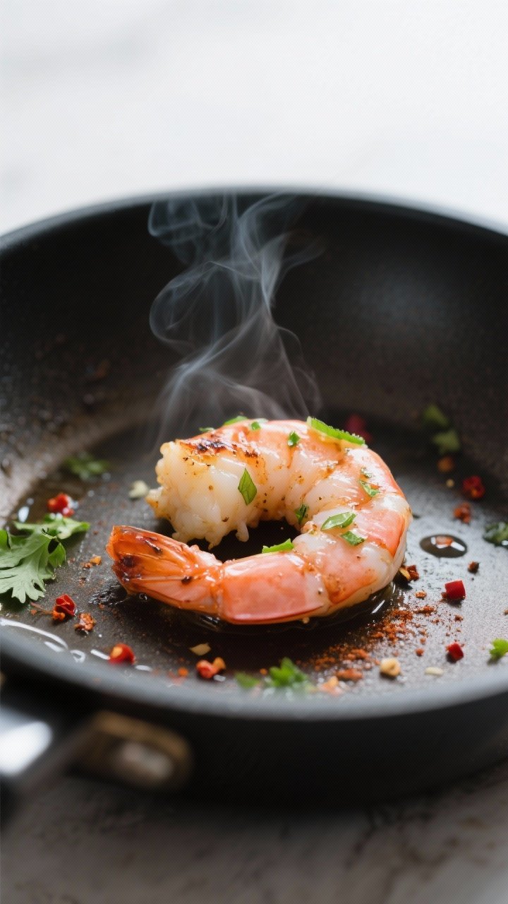 Cooking process close-up: Cilantro-lime marinated shrimp searing in a hot nonstick skillet, cooked a