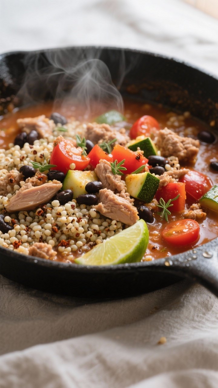 Cooking process, close-up: Close-up of a steaming turkey & quinoa skillet mid-simmer, quinoa pearls 
