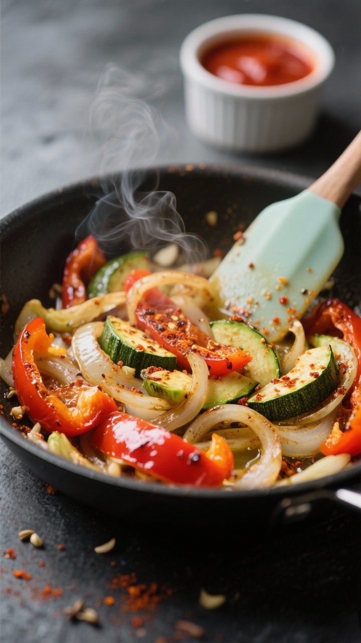 Cooking process, close-up detail: A 10-inch skillet of sautéed bell peppers, onions, and zucchini j