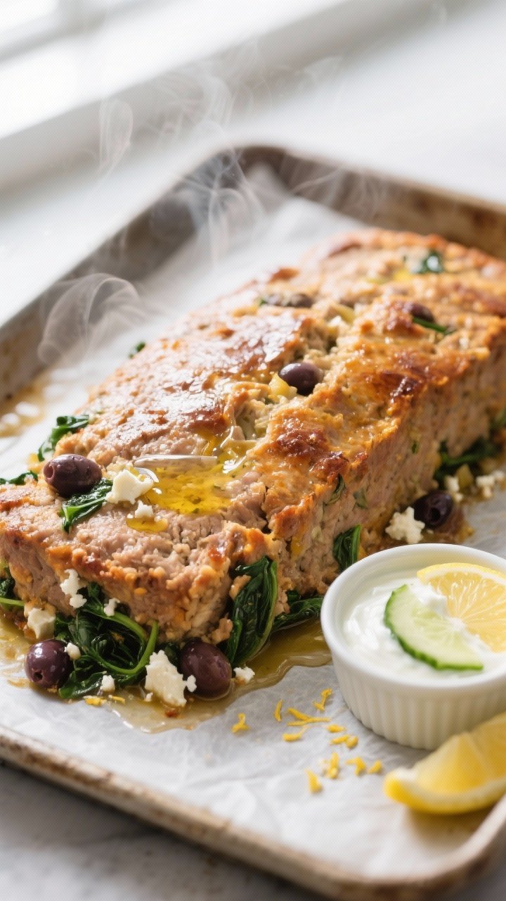 Cooking process, close-up detail: A golden-brown, free-form Greek turkey meatloaf fresh from the ove