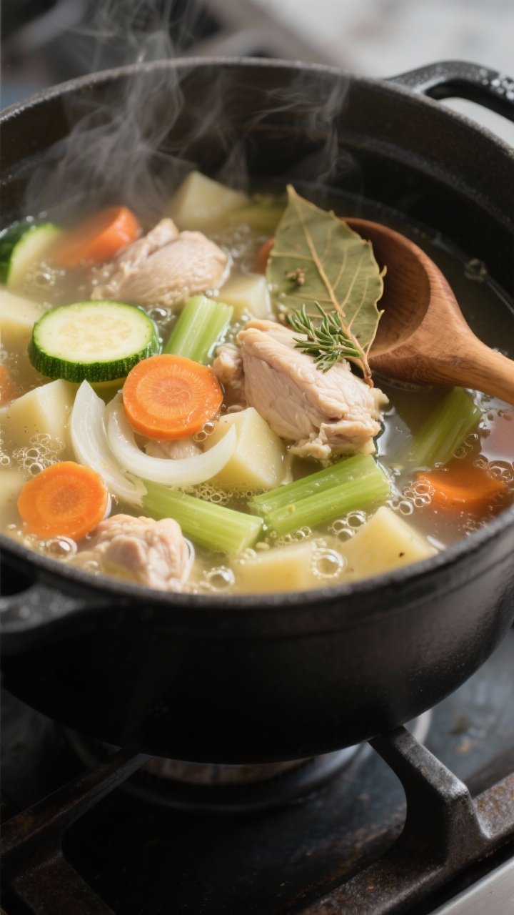 Cooking process, close-up detail: A tight, steamy close-up of simmering chicken veggie soup in a mat