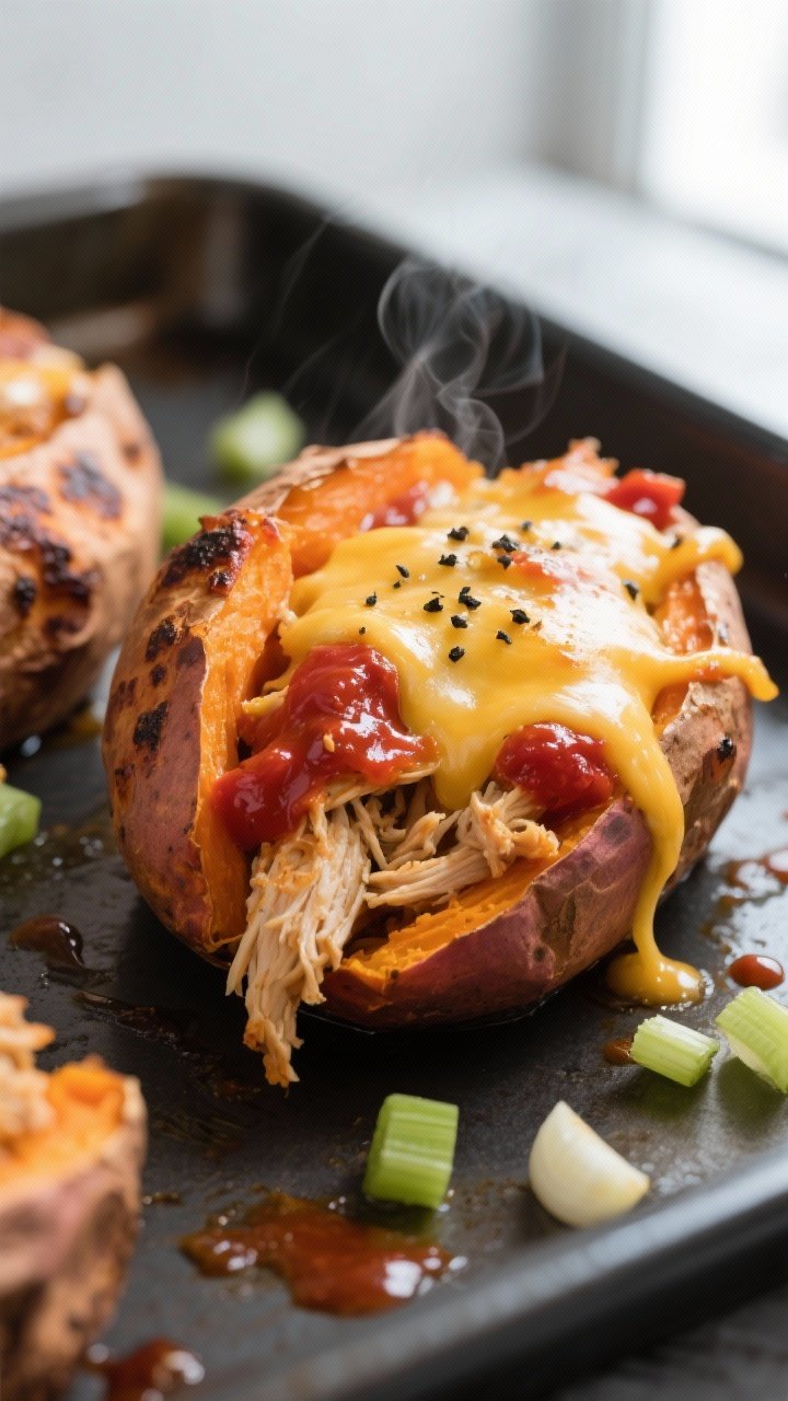 Cooking process, close-up detail: Broiled buffalo chicken stuffed sweet potato just pulled from the 