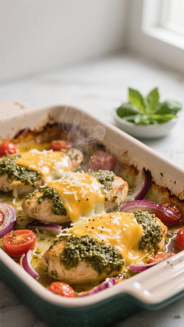 Cooking process, close-up detail: Bubbling pesto-baked chicken in a 9x13 ceramic baking dish just af