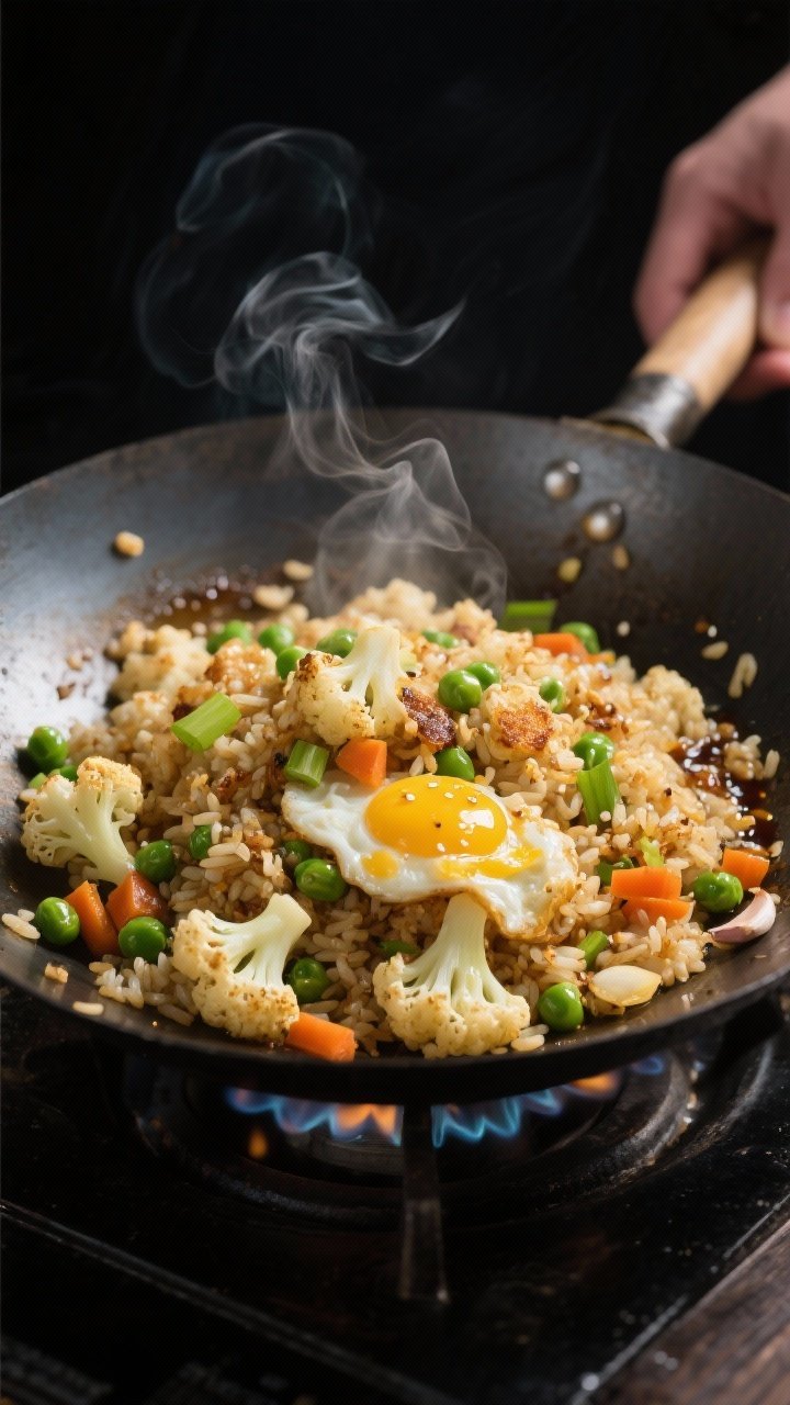 Cooking process, close-up detail: Cauliflower fried “rice” sizzling in a carbon steel wok over h