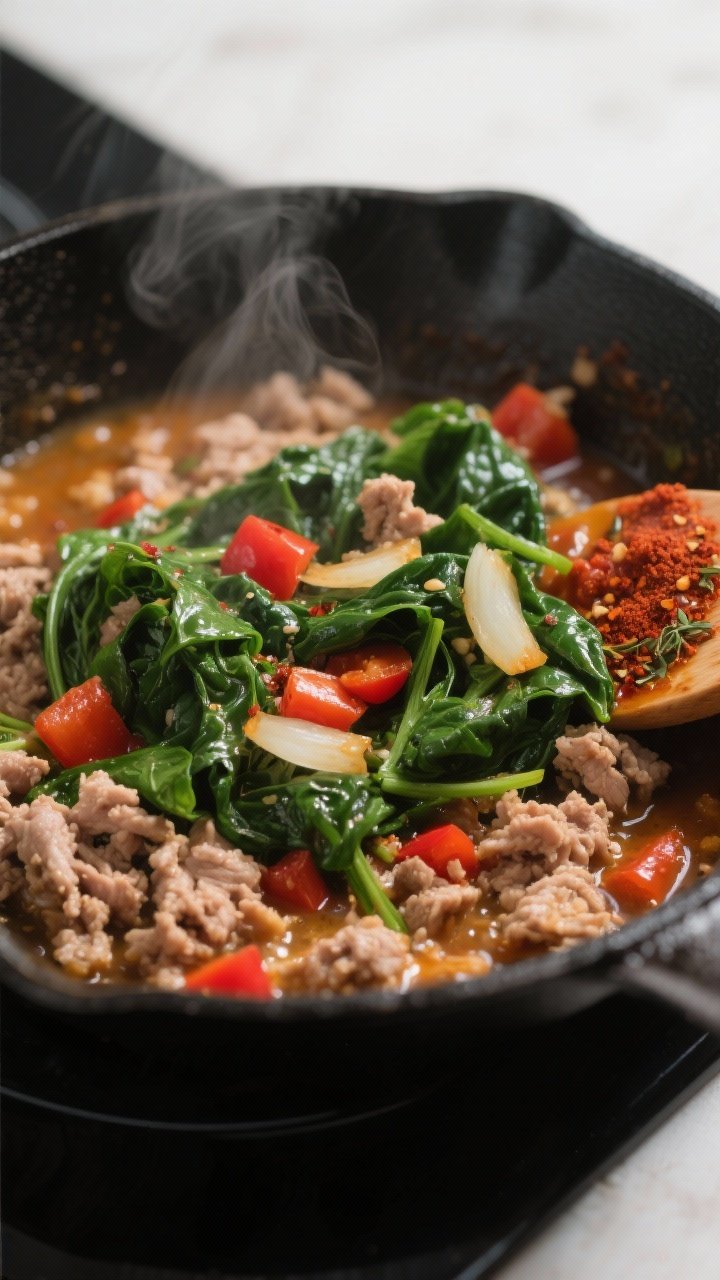Cooking process, close-up detail: Close-up of a turkey spinach skillet mid-cook in a matte black pan