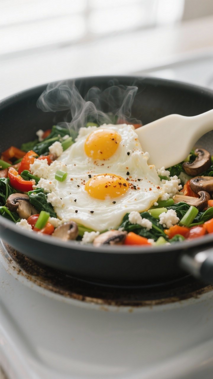 Cooking process, close-up detail: Close-up of creamy cottage cheese egg white scramble mid-cook in a