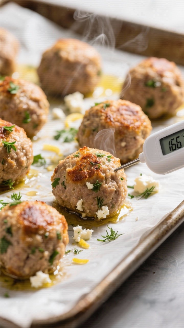 Cooking process, close-up detail: Close-up of golden-brown Greek turkey meatballs just out of the ov