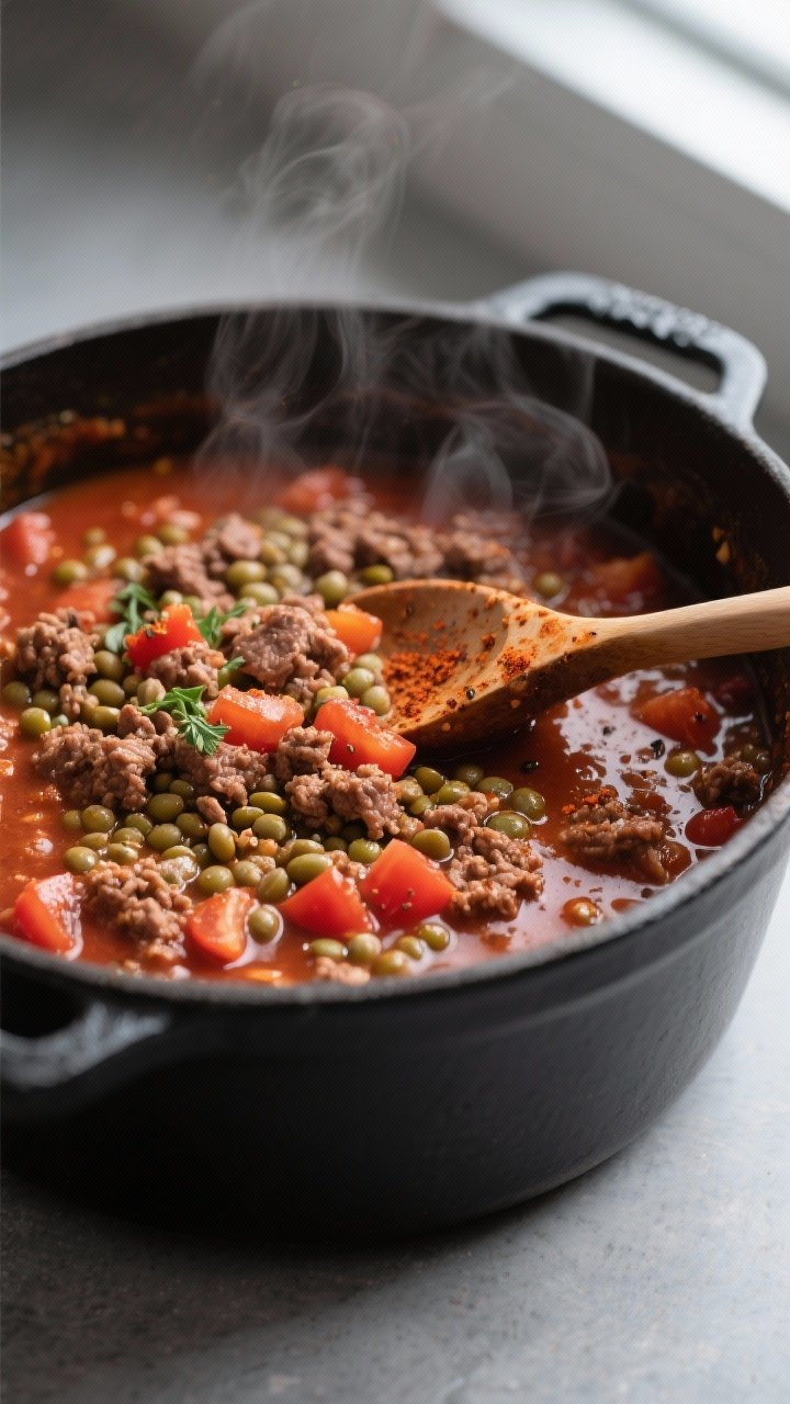 Cooking process, close-up detail: Close-up of Healthy Beef & Lentil Chili simmering in a matte black
