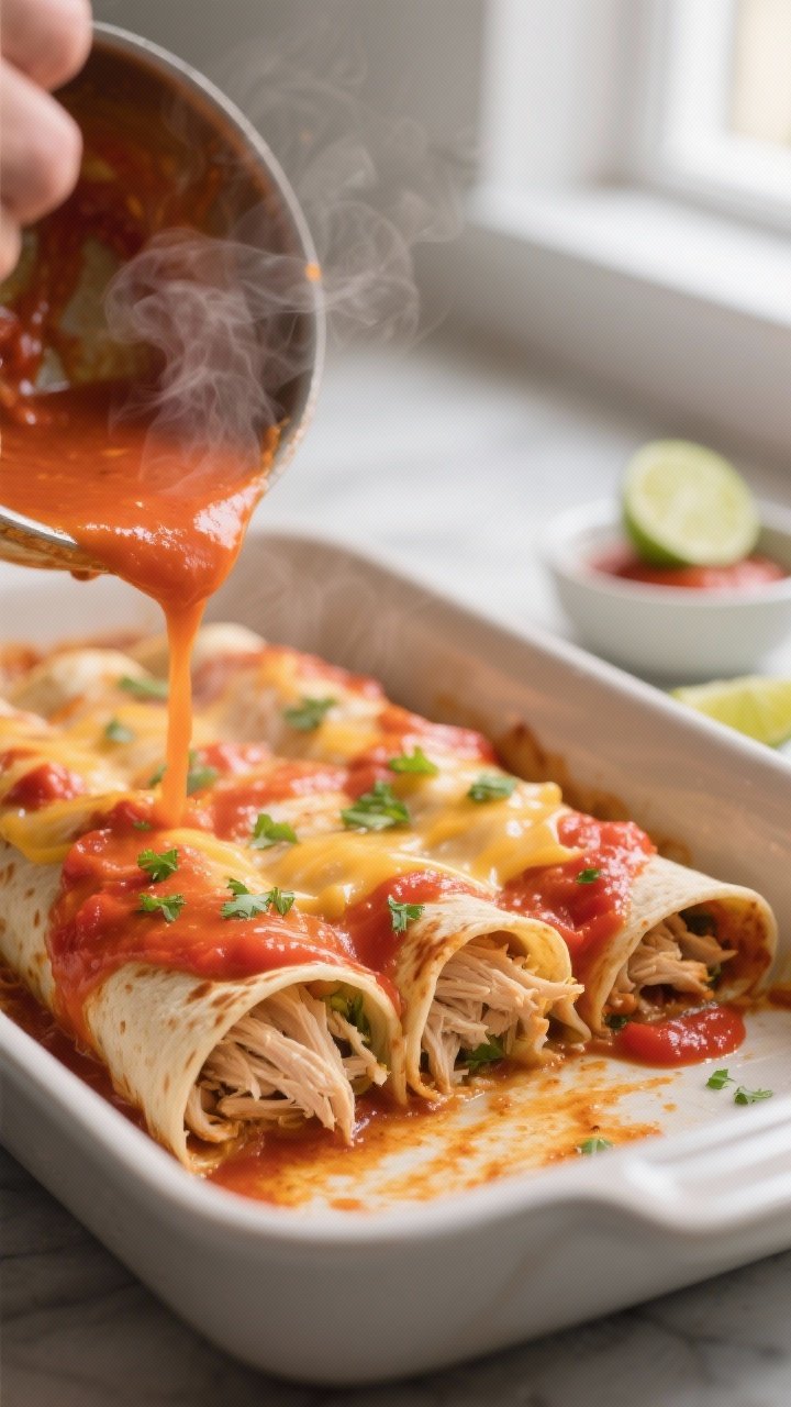 Cooking process, close-up detail: Close-up of rolled chicken enchiladas being sauced in a 9x13 bakin