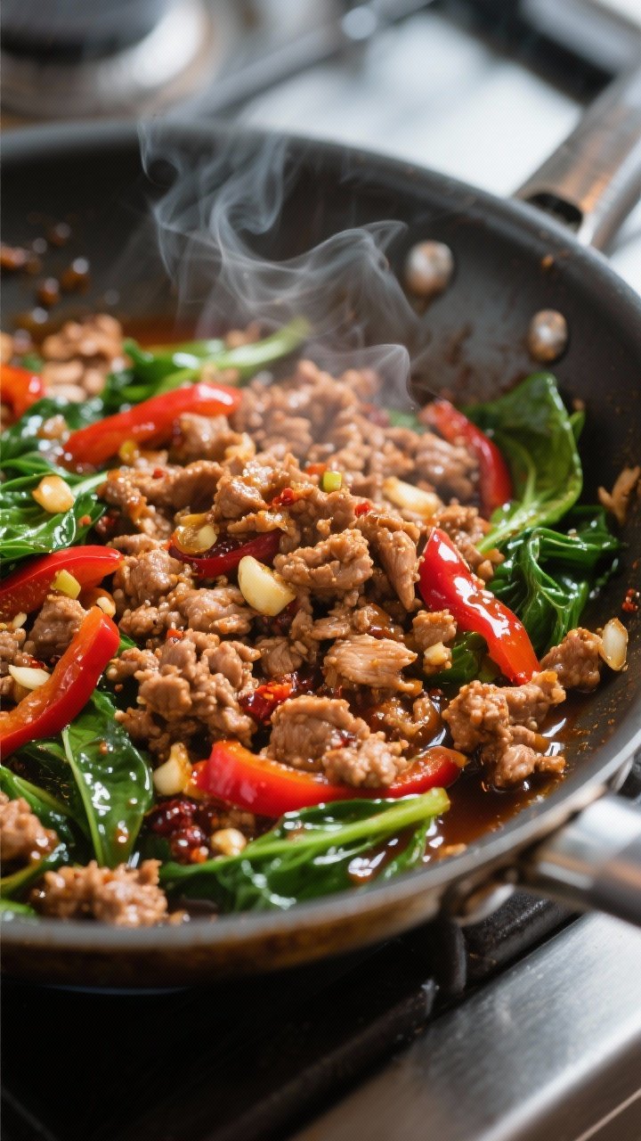 Cooking process, close-up detail: Close-up of sizzling spicy ground turkey in a stainless skillet, r