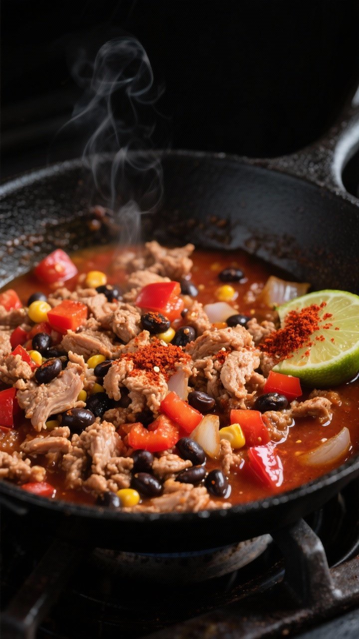 Cooking process, close-up detail: Close-up of sizzling turkey taco skillet mid-cook in a matte black