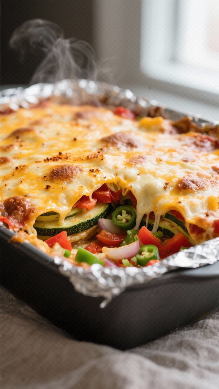 Cooking process, close-up detail: Close-up of the casserole just out of the oven, foil removed, chee