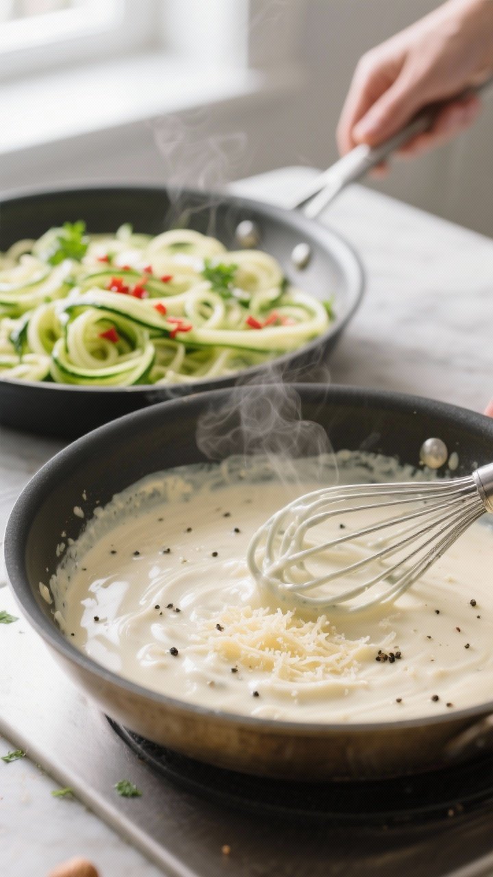 Cooking process, close-up detail: Creamy low-fat Alfredo sauce coming together in a wide stainless s