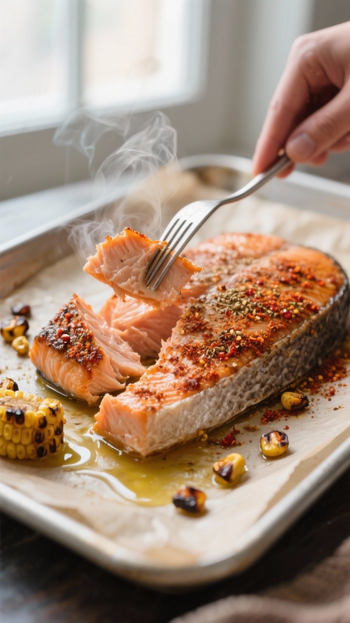 Cooking process, close-up detail: Flaky roasted salmon just out of the oven at medium doneness, spic