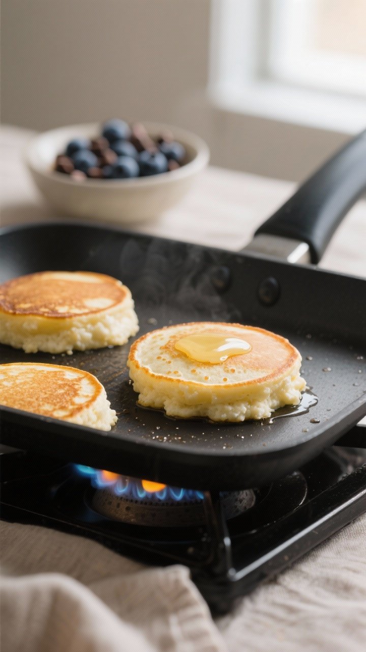 Cooking process, close-up detail: Fluffy cottage cheese banana pancakes on a nonstick griddle mid-co