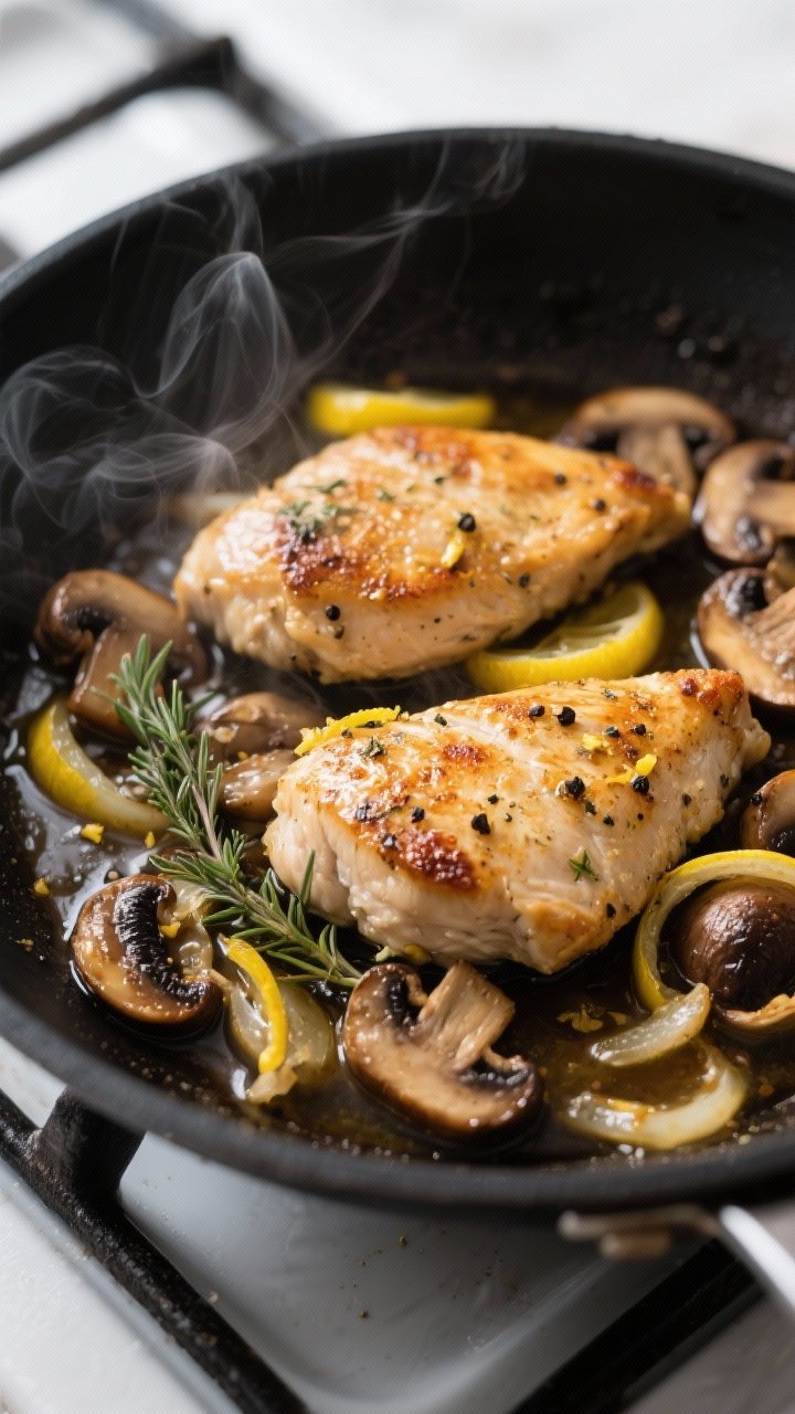 Cooking process, close-up detail: Golden-browned chicken cutlets nestled in a skillet with deeply ca