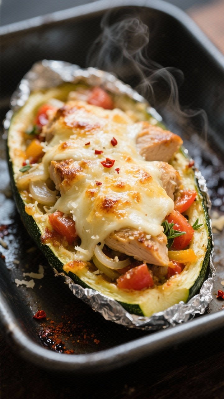 Cooking process, close-up detail: Golden, bubbling Chicken Stuffed Zucchini Boats just after the foi