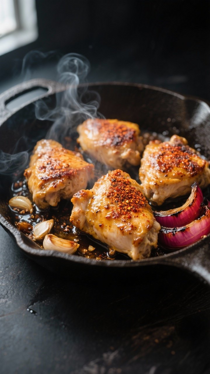 Cooking process, close-up detail: Golden garlic-marinated chicken pieces sizzling in a cast-iron ski