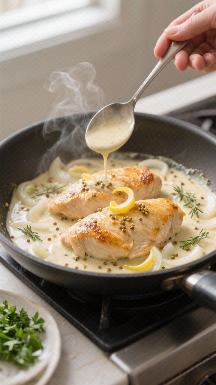 Cooking process, close-up detail: Golden-seared boneless chicken breasts simmering in a shallow skil