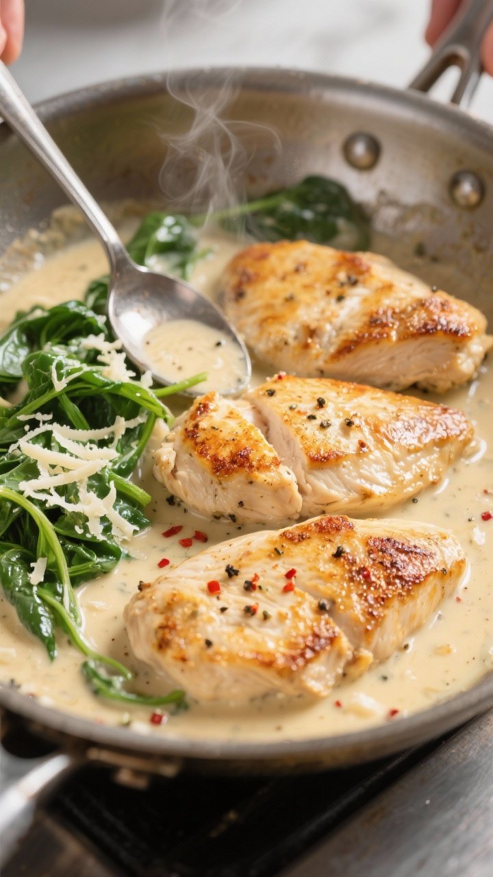 Cooking process, close-up detail: Golden-seared chicken cutlets simmering in a silky garlic-parmesan