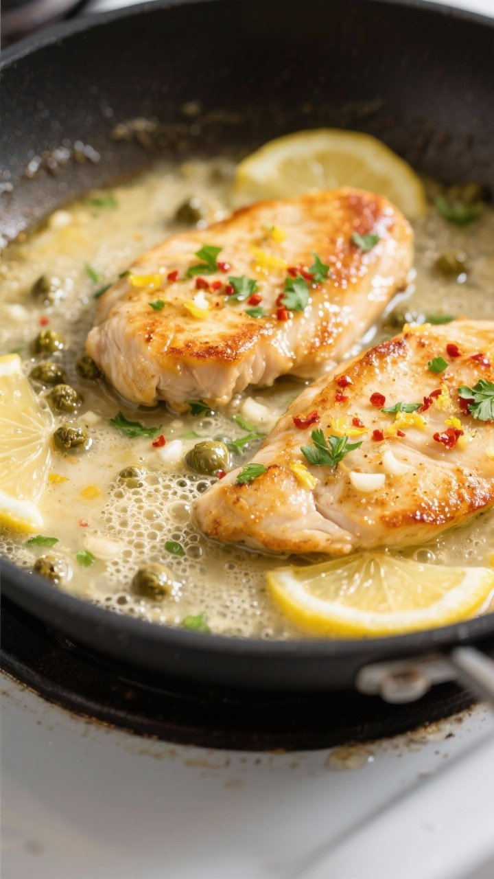 Cooking process, close-up detail: Golden-seared chicken piccata cutlets simmering in a shallow skill
