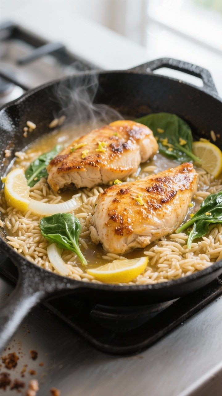 Cooking process, close-up detail: Golden-seared chicken breasts nestled in a deep skillet of simmeri