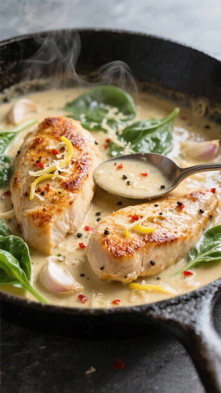 Cooking process, close-up detail: Golden-seared chicken breasts nestled in a skillet of silky garlic