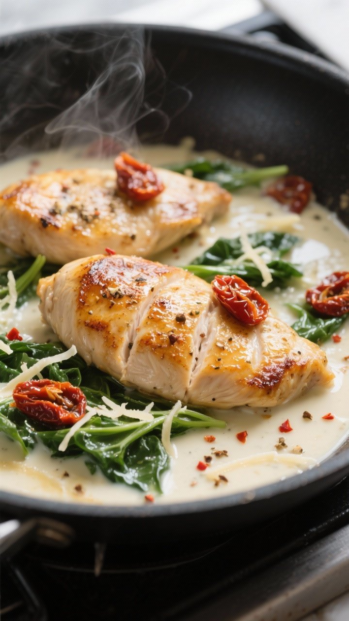 Cooking process, close-up detail: Golden seared chicken cutlets nestled in a skillet of silky light 