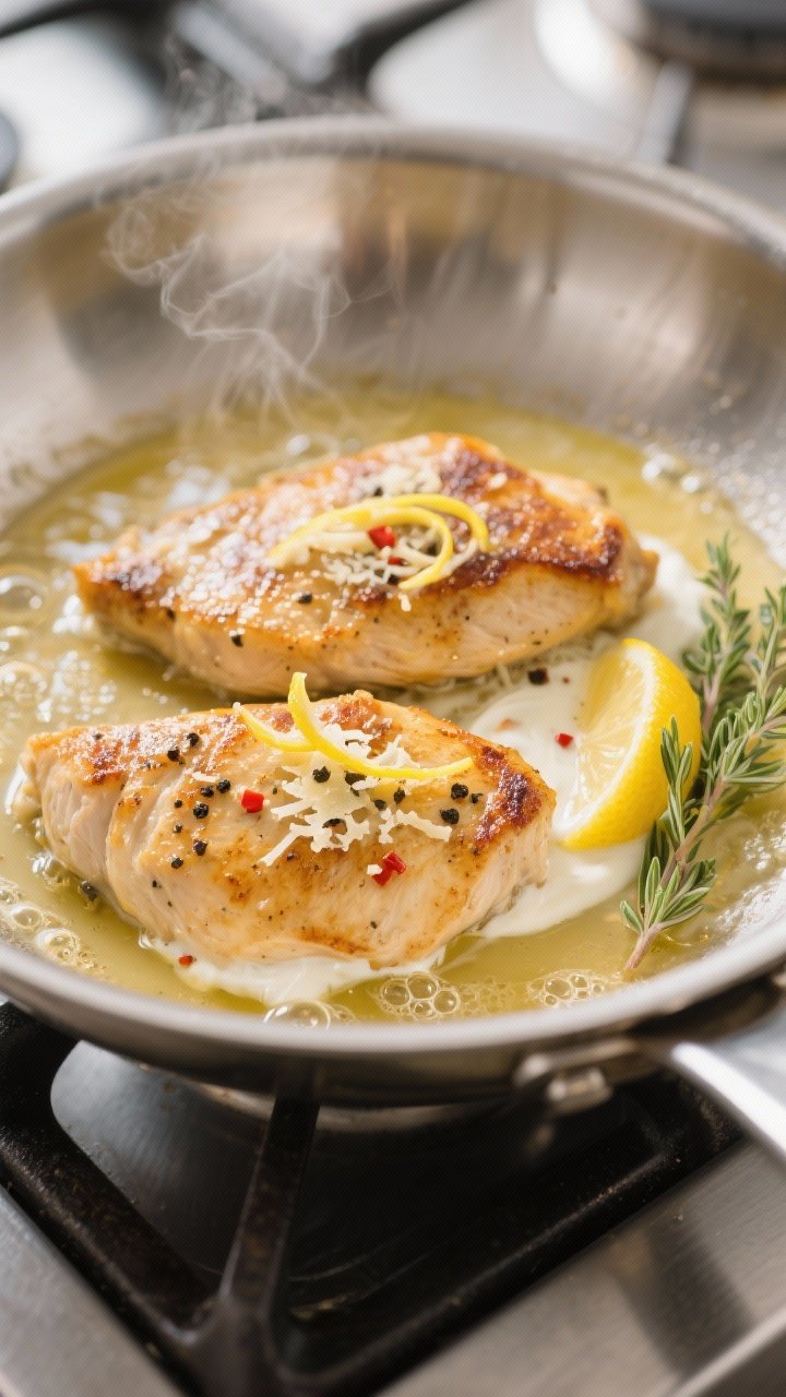 Cooking process, close-up detail: Golden seared chicken cutlets simmering in a silky, lemony pan sau