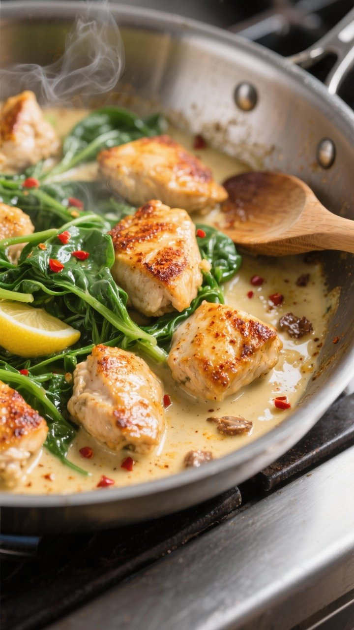 Cooking process, close-up detail: Golden-seared chicken bites sizzling in a wide stainless-steel ski