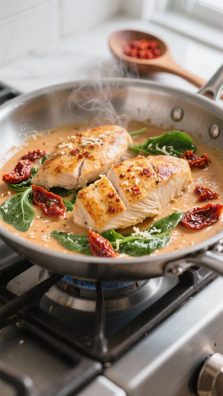 Cooking process, close-up detail: Golden-seared thin chicken breasts being nestled back into a silky