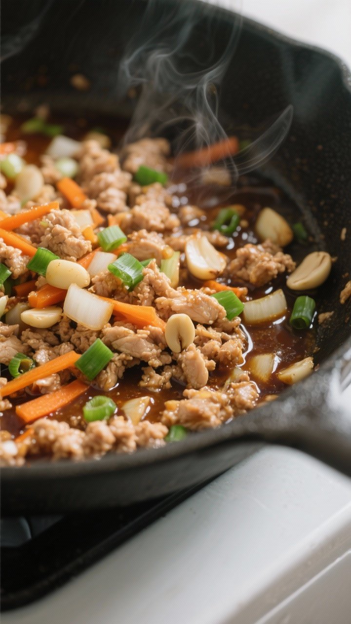 Cooking process, close-up detail: Ground chicken browning in a large skillet with softened diced oni