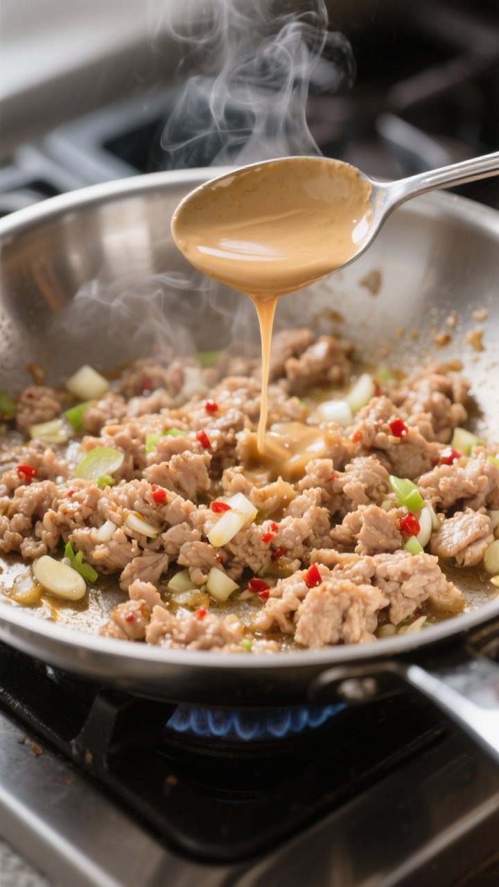 Cooking process, close-up detail: Ground chicken sizzling in a stainless-steel skillet over medium h