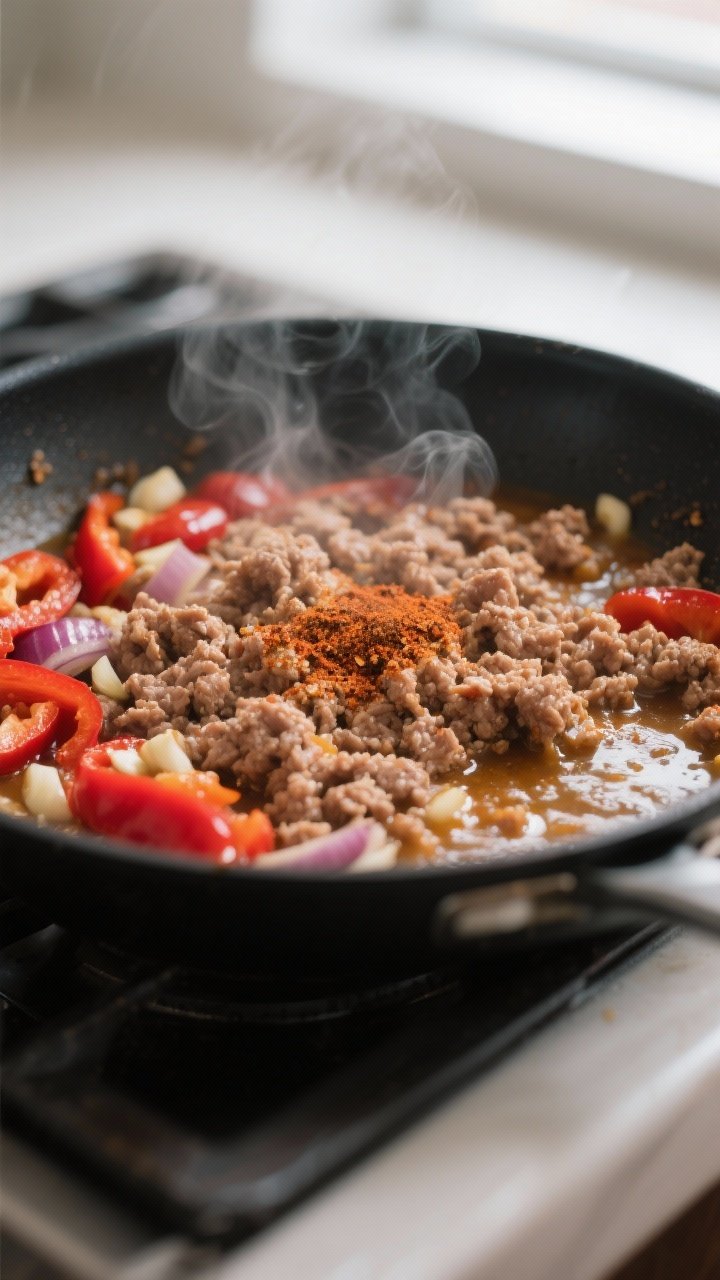 Cooking process, close-up detail: Ground turkey sizzling in a wide skillet, browned and crumbled wit