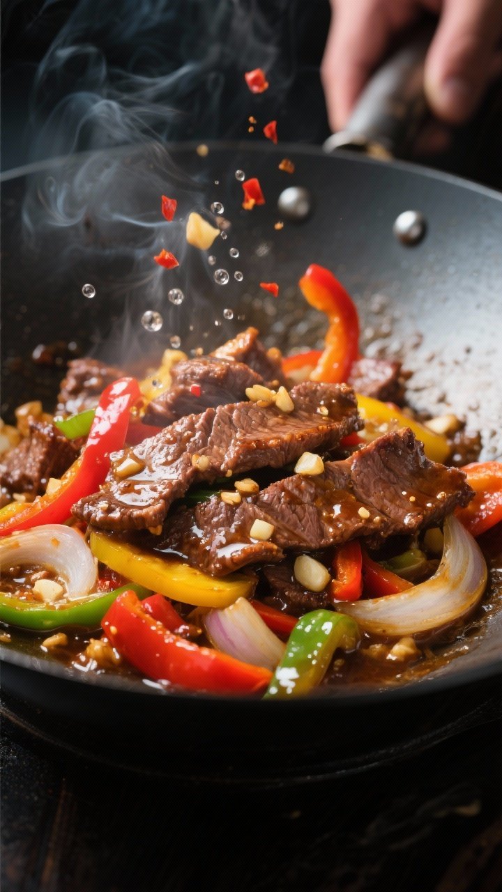 Cooking process, close-up detail: High-heat wok shot of sizzling beef and bell pepper stir fry mid-t