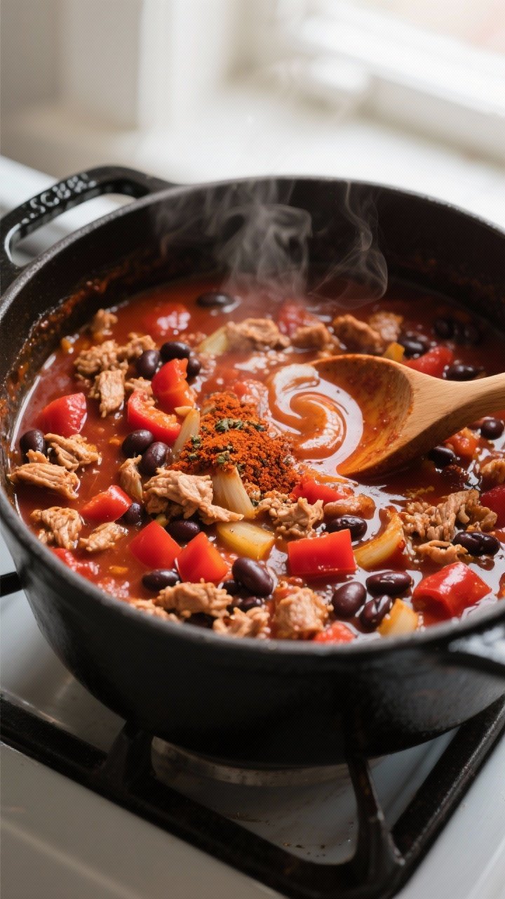 Cooking process, close-up detail: In-pot turkey chili mid-simmer after the liquids and beans are add