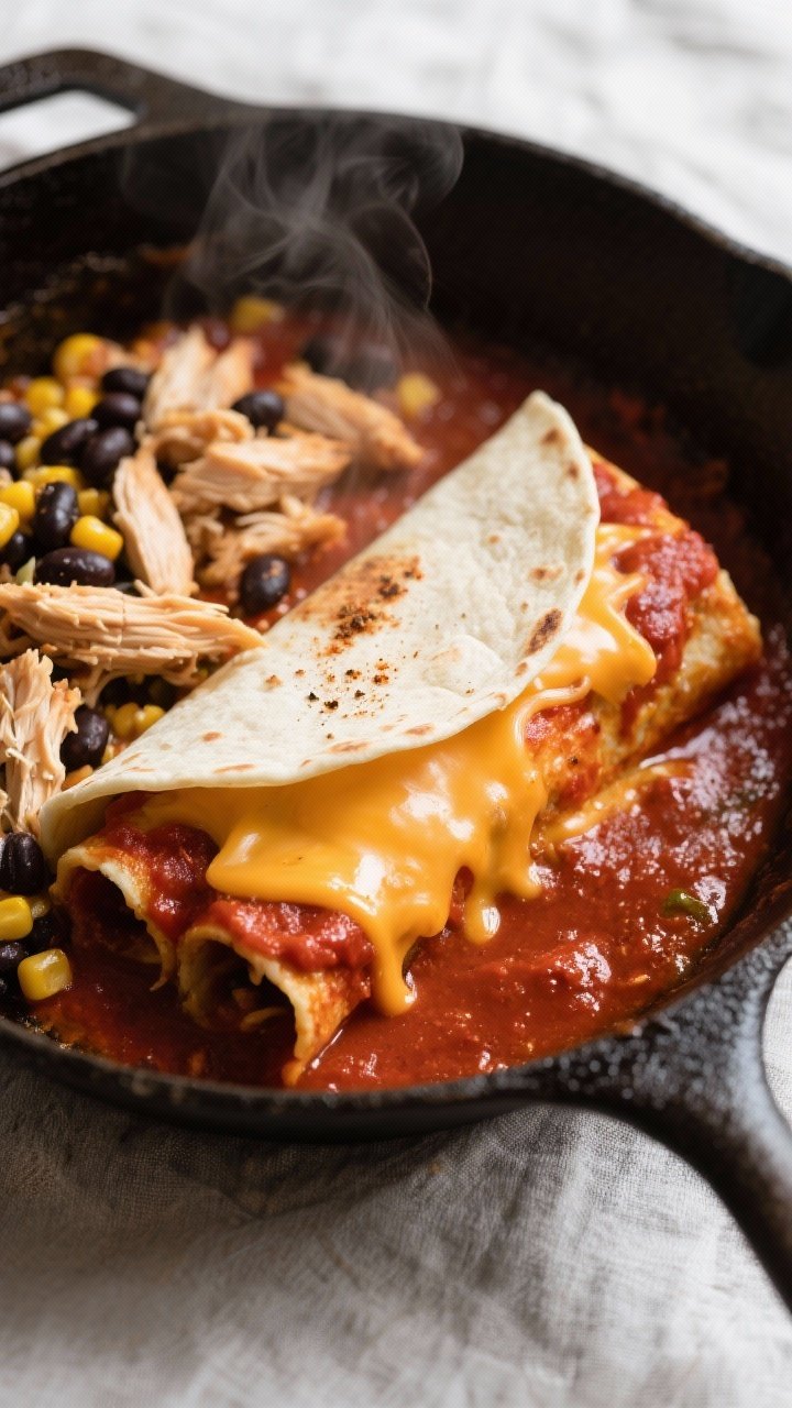 Cooking process, close-up detail: In-skillet chicken enchiladas being assembled in one pan — a cas
