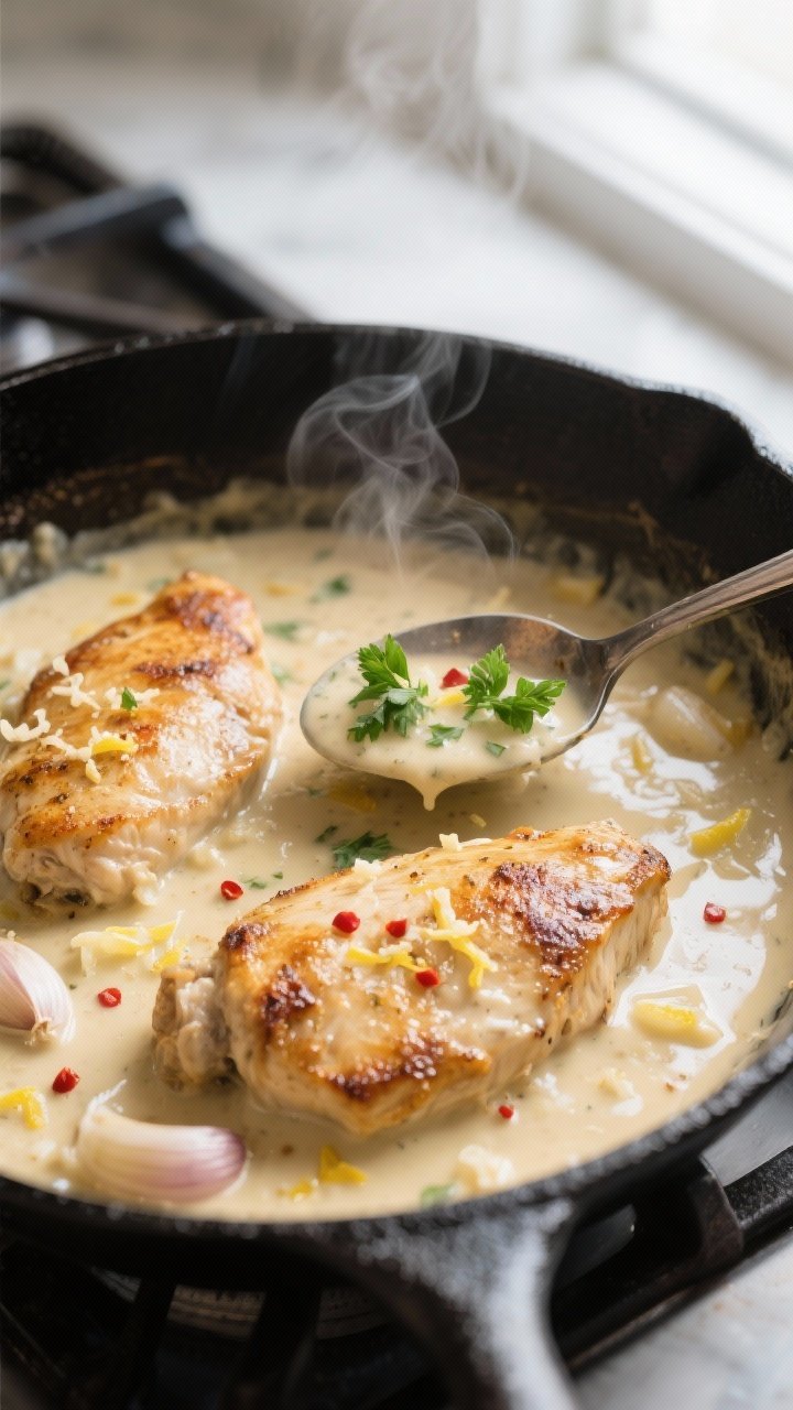 Cooking process, close-up detail: In-skillet creamy garlic chicken simmering on low heat, golden-sea