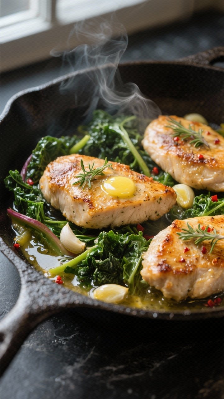 Cooking process, close-up detail: In-skillet garlic butter chicken cutlets nestled among wilted kale