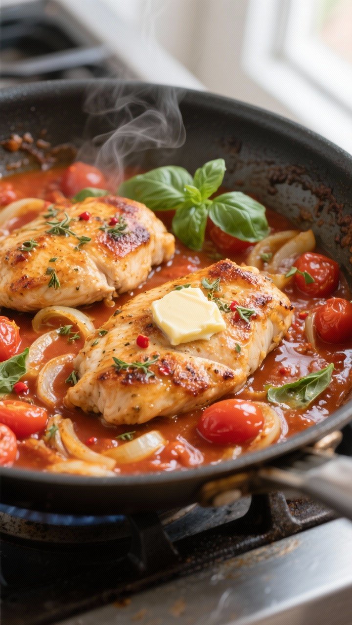 Cooking process, close-up detail: In-skillet Mediterranean Tomato Basil Chicken mid-simmer, showing