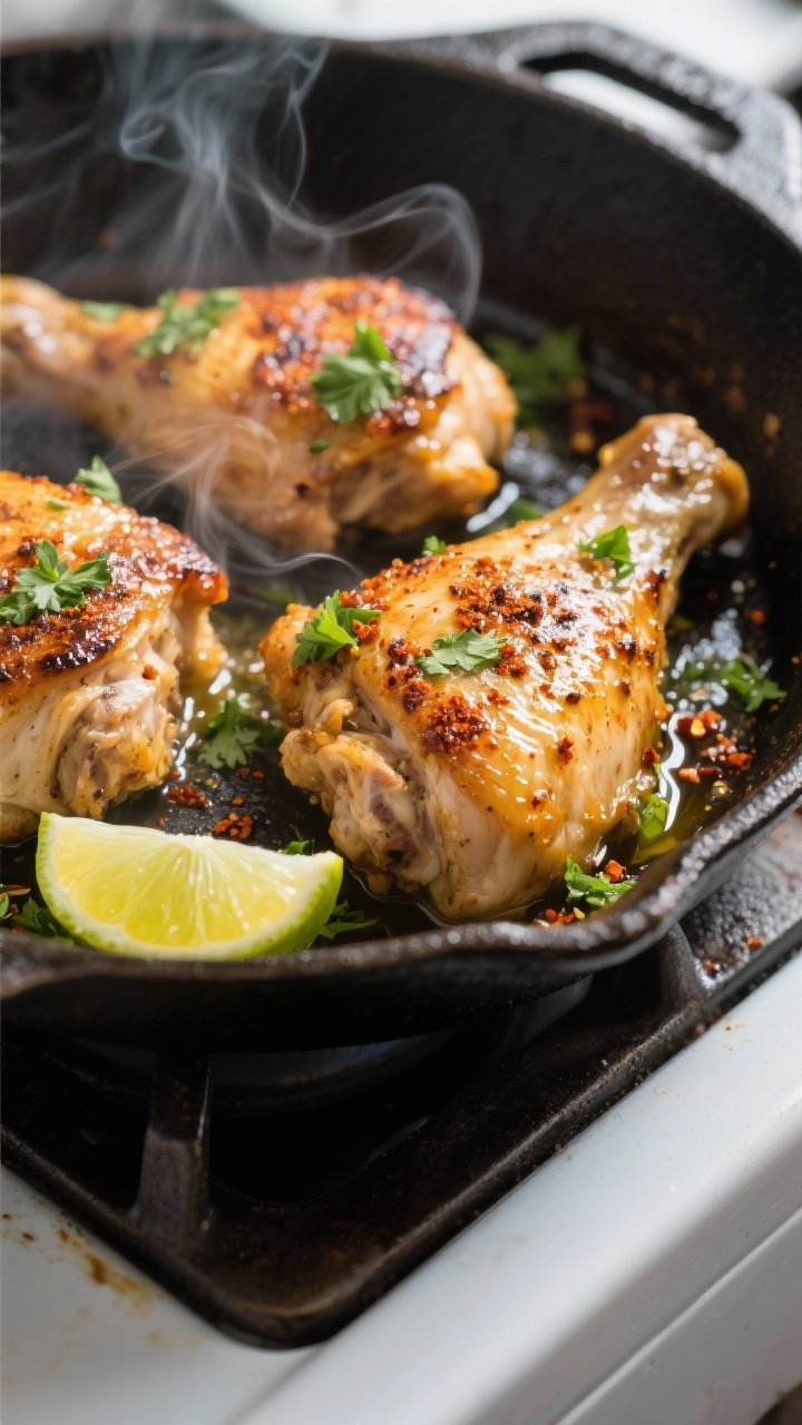 Cooking process, close-up detail: Juicy cilantro lime chicken thighs sizzling in a cast-iron skillet
