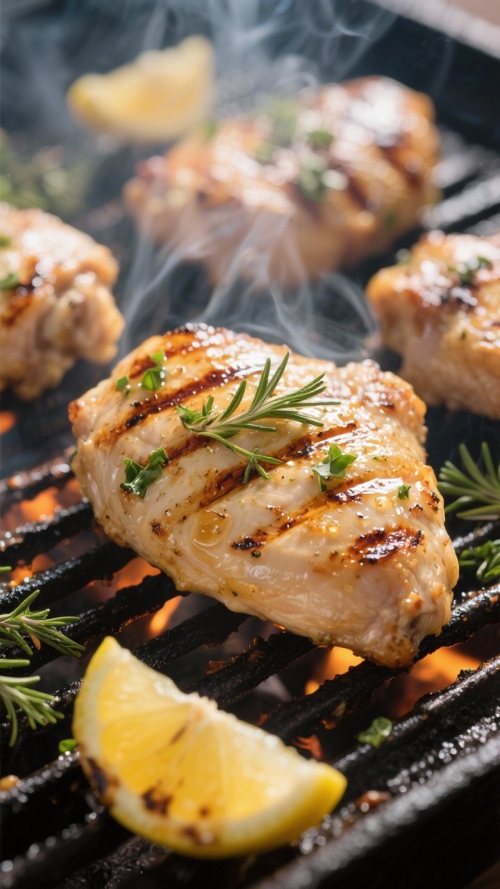Cooking process, close-up detail: Juicy grilled lemon herb chicken thighs sizzling on hot grill grat